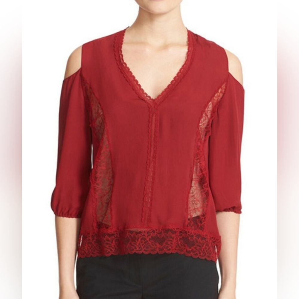Alice + Olivia - Silk and Lace Cold Shoulder Top - Size XS